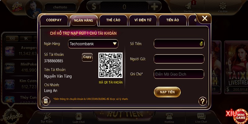 Để nạp tiền bằng ngân hàng trước tiên bạn cần truy cập vào phần nạp tiền trên app